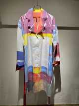TRAMANDO / MULTI-COLOR GEOMETRIC PRINT ART SHIRT (GARMENT-DYED & PRESS FINISH)