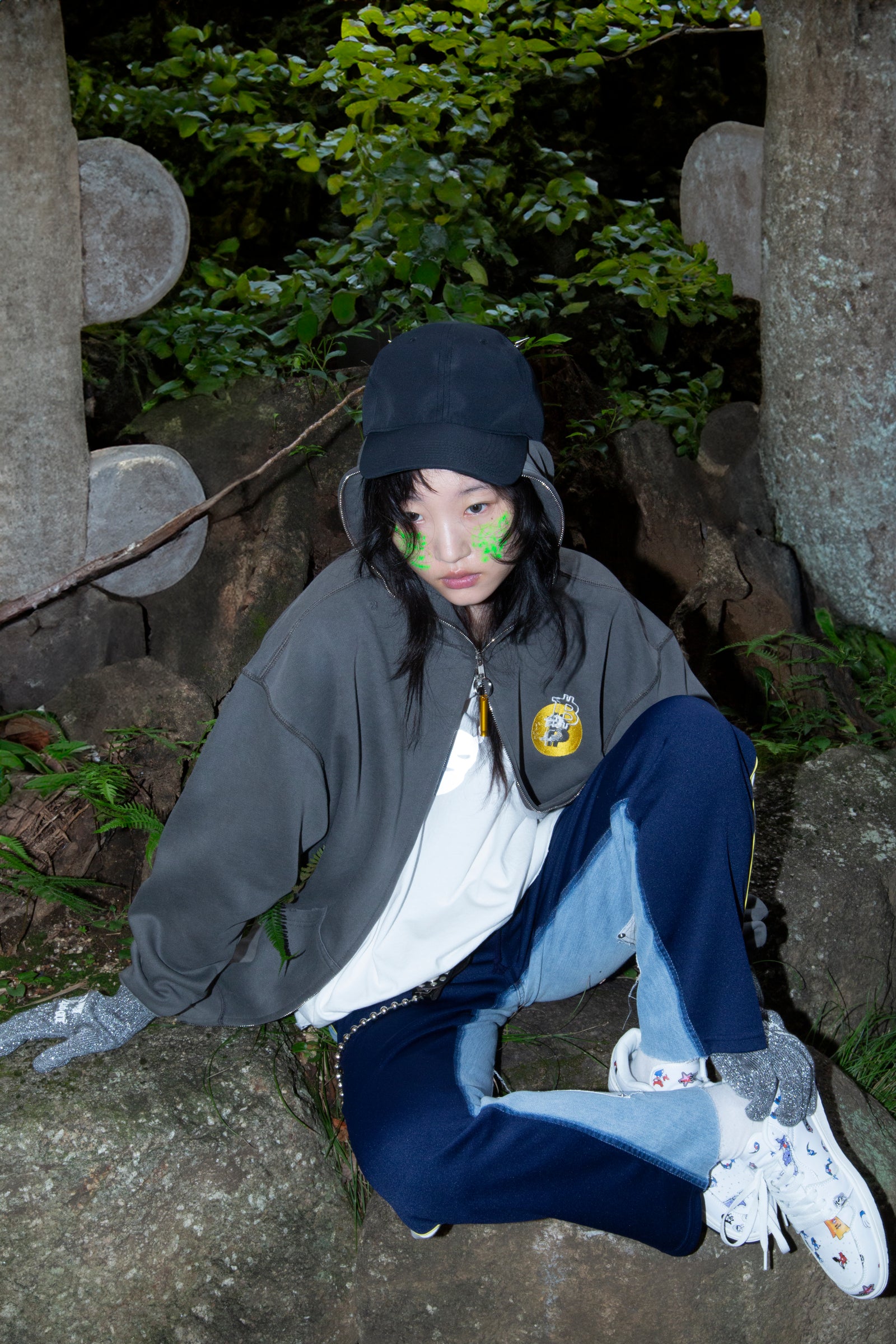 VINTAGE DENIM/T-SHIRT RECONSTRUCTION TRACK DOUBLE KNEE PANTS