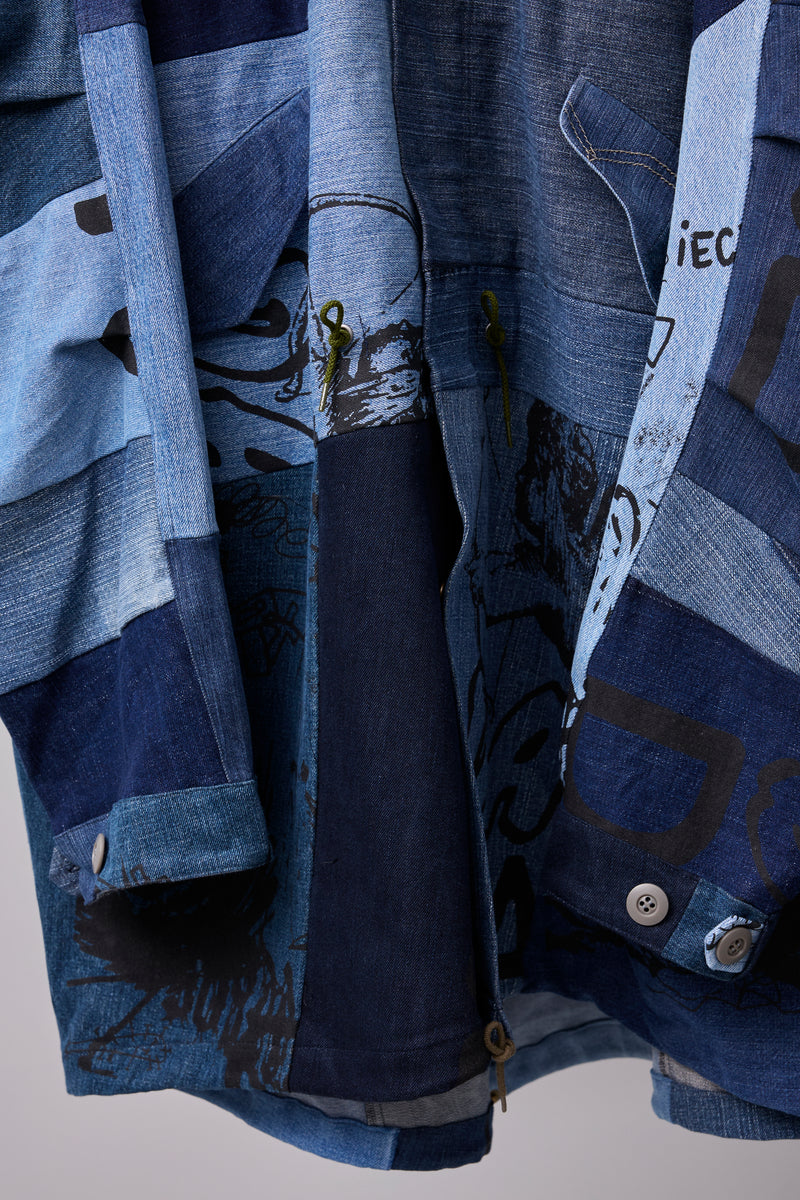 PATCHWORK MIL COAT MADE FROM RECONSTRUCTED VINTAGE DENIM