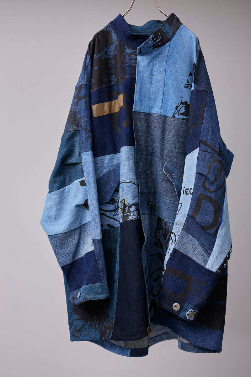 PATCHWORK MIL COAT MADE FROM RECONSTRUCTED VINTAGE DENIM